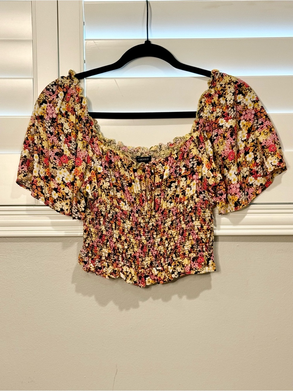 Forever 21 Pink and Yellow Floral Smocked Crop Top